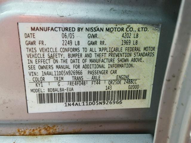 1N4AL11D05N926966 - 2005 NISSAN ALTIMA S SILVER photo 10