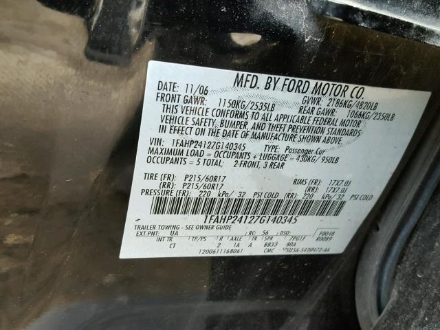 1FAHP24127G140345 - 2007 FORD FIVE HUNDR BLACK photo 10