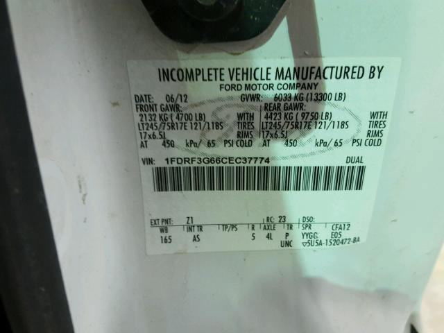 1FDRF3G66CEC37774 - 2012 FORD F350 SUPER WHITE photo 10