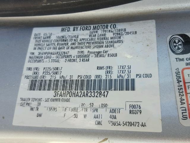 3FAHP0HA2AR332847 - 2010 FORD FUSION SE SILVER photo 10