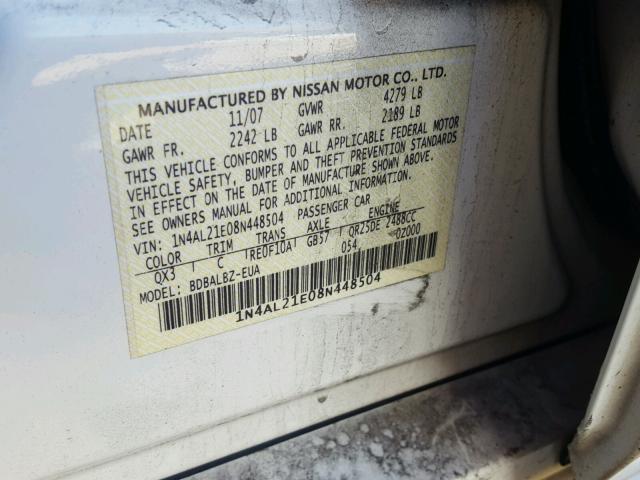 1N4AL21E08N448504 - 2008 NISSAN ALTIMA 2.5 WHITE photo 10