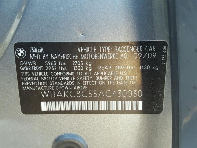 WBAKC8C55AC430030 - 2010 BMW 750 LI GRAY photo 10