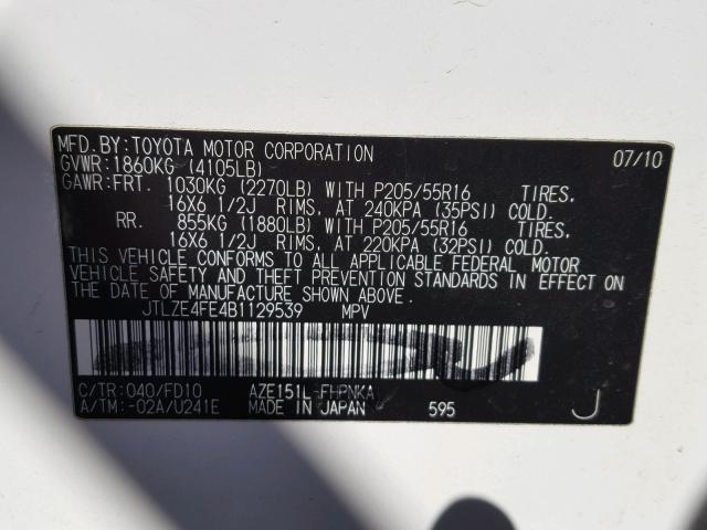 JTLZE4FE4B1129539 - 2011 TOYOTA SCION XB 白色 照片 10