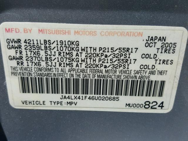 JA4LX41F46U020685 - 2006 MITSUBISHI OUTLANDER SILVER photo 10