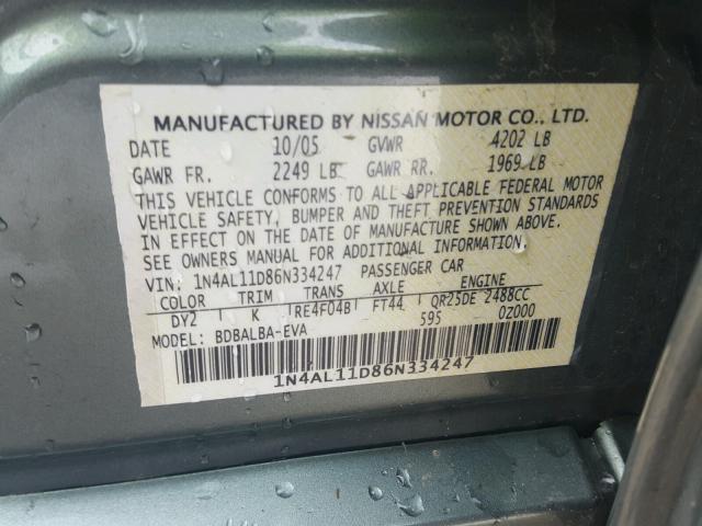 1N4AL11D86N334247 - 2006 NISSAN ALTIMA S GREEN photo 10