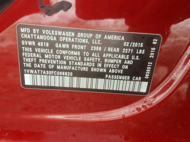 1VWAT7A30FC068820 - 2015 VOLKSWAGEN PASSAT S RED photo 10