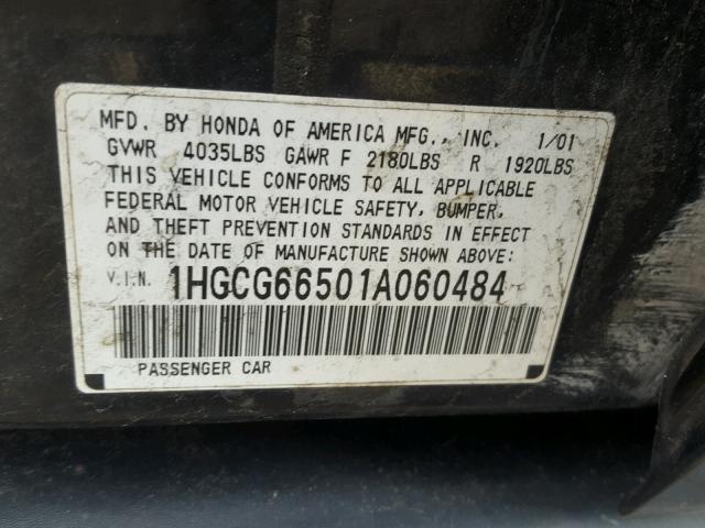 1HGCG66501A060484 - 2001 HONDA ACCORD LX BLACK photo 10