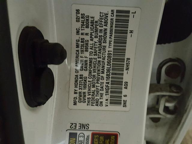 1HGFA16836L060891 - 2006 HONDA CIVIC EX თეთრი ფოტო 10