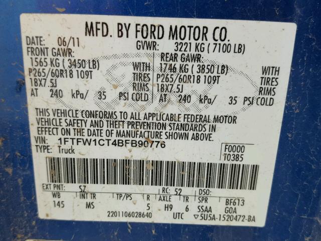 1FTFW1CT4BFB90776 - 2011 FORD F150 SUPER BLUE photo 10