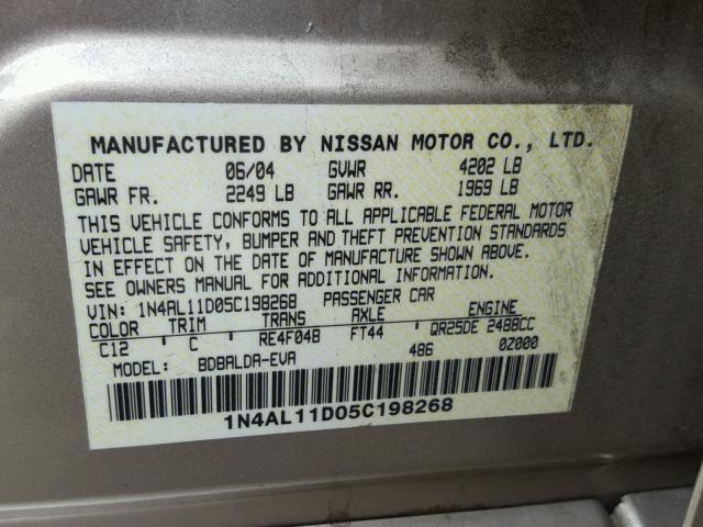 1N4AL11D05C198268 - 2005 NISSAN ALTIMA S GOLD photo 10