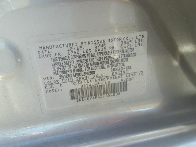 3N1CN7AP8DL856208 - 2013 NISSAN VERSA S GRAY photo 10