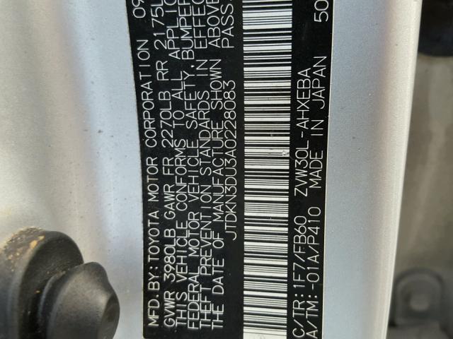 JTDKN3DU3A0228083 - 2010 TOYOTA PRIUS SILVER photo 10