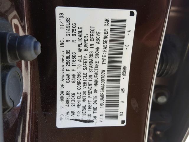 19UUA8F59AA007879 - 2010 ACURA TL BURGUNDY photo 10