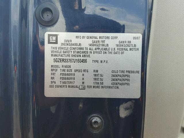 5GZER33767J160456 - 2007 SATURN OUTLOOK XR BLUE photo 10