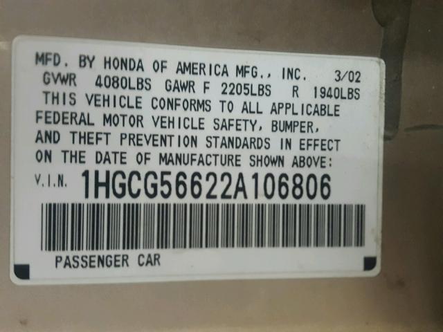 1HGCG56622A106806 - 2002 HONDA ACCORD EX TAN photo 10