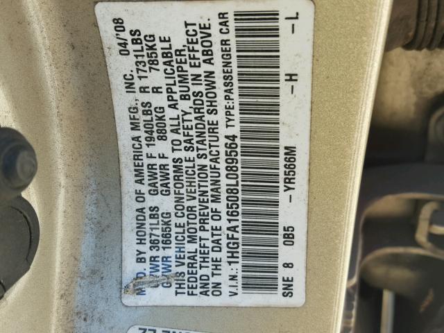 1HGFA16508L089564 - 2008 HONDA CIVIC LX GOLD photo 10