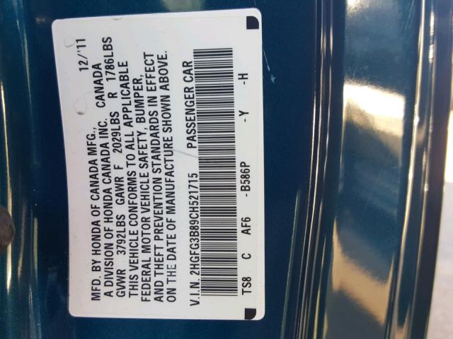 2HGFG3B89CH521715 - 2012 HONDA CIVIC EX BLUE photo 10