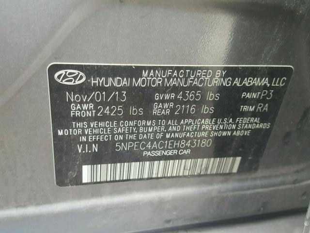 5NPEC4AC1EH843180 - 2014 HYUNDAI SONATA SE GRAY photo 10