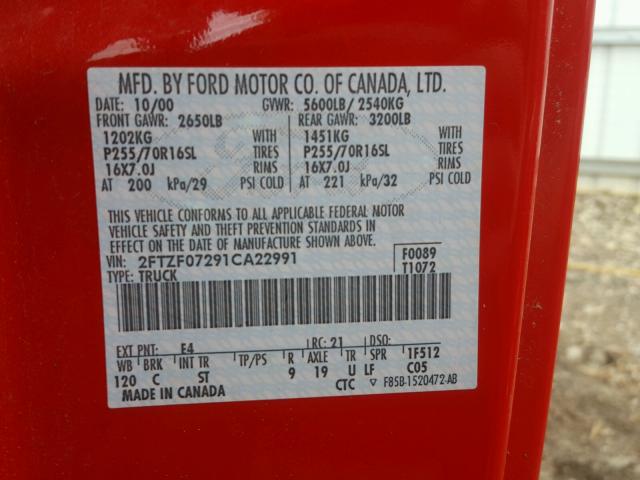 2FTZF07291CA22991 - 2001 FORD F150 RED photo 10