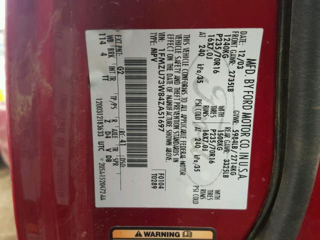 1FMZU73W84ZA51697 - 2004 FORD EXPLORER X RED photo 10