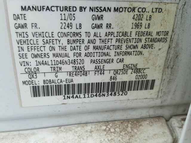 1N4AL11D46N348520 - 2006 NISSAN ALTIMA S WHITE photo 10