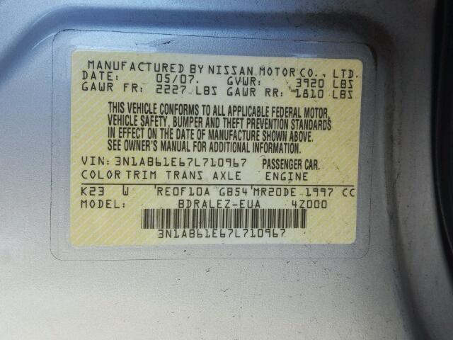 3N1AB61E67L710967 - 2007 NISSAN SENTRA 2.0 SILVER photo 10