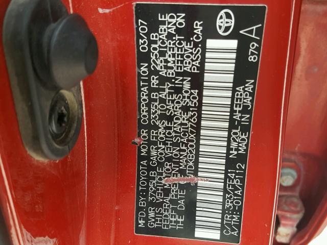 JTDKB20UX77631504 - 2007 TOYOTA PRIUS RED photo 10