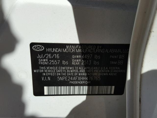 5NPE24AFXHH476765 - 2017 HYUNDAI SONATA SE WHITE photo 10