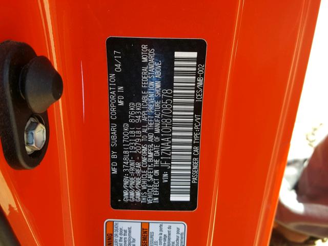 JF1ZNAA10H8708578 - 2017 TOYOTA 86 BASE ORANGE photo 10