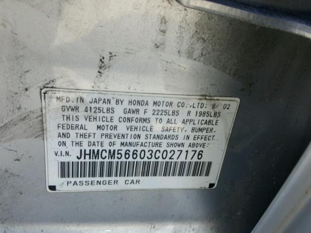 JHMCM56603C027176 - 2003 HONDA ACCORD EX SILVER photo 10