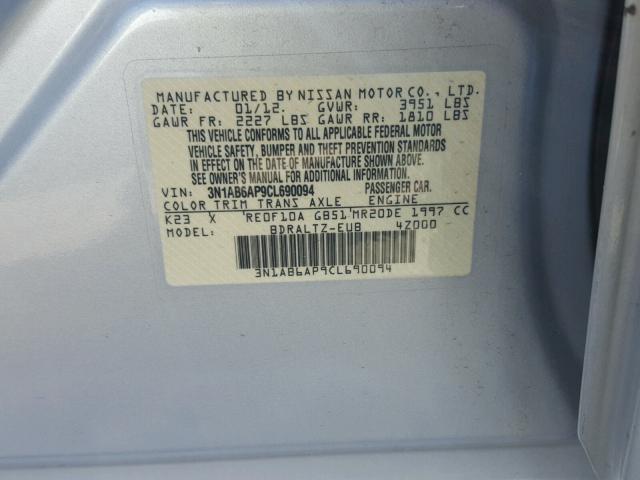 3N1AB6AP9CL690094 - 2012 NISSAN SENTRA 2.0 SILVER photo 10