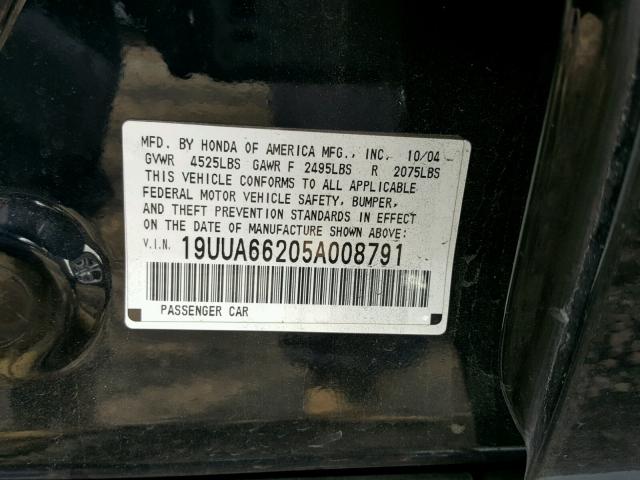 19UUA66205A008791 - 2005 ACURA TL BLACK photo 10