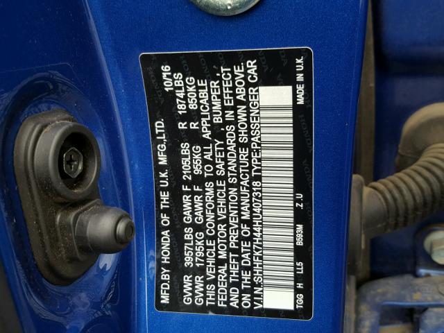 SHHFK7H44HU407318 - 2017 HONDA CIVIC SPOR BLUE photo 10