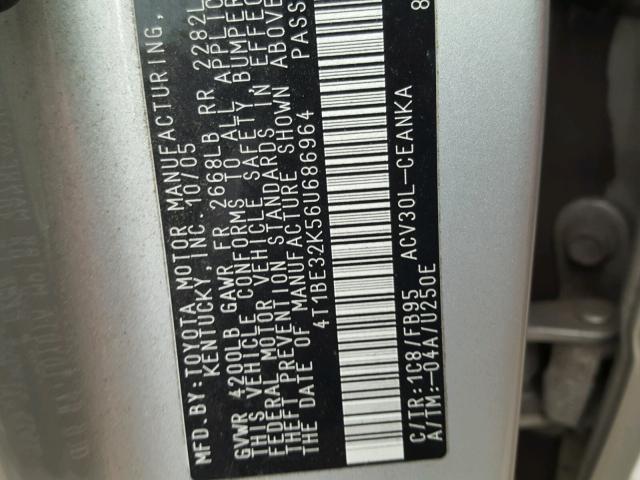 4T1BE32K56U686964 - 2006 TOYOTA CAMRY LE SILVER photo 10