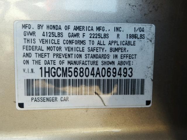 1HGCM56804A069493 - 2004 HONDA ACCORD EX BEIGE photo 10