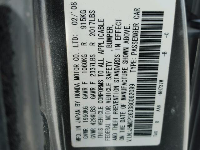 JHMCP26338C062099 - 2008 HONDA ACCORD LX GRAY photo 10