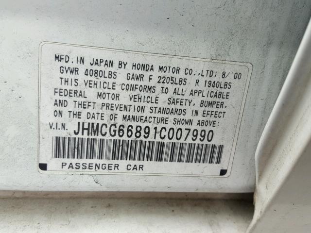 JHMCG66891C007990 - 2001 HONDA ACCORD EX WHITE photo 10