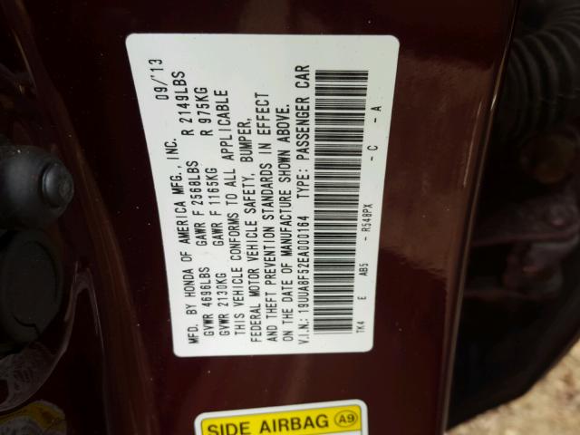 19UUA8F52EA000164 - 2014 ACURA TL TECH MAROON photo 10