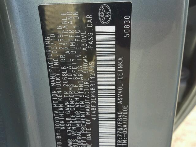 4T4BF3EK6BR112785 - 2011 TOYOTA CAMRY BASE BLUE photo 10