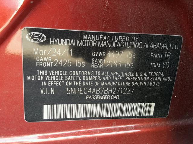 5NPEC4AB7BH271227 - 2011 HYUNDAI SONATA SE RED photo 10