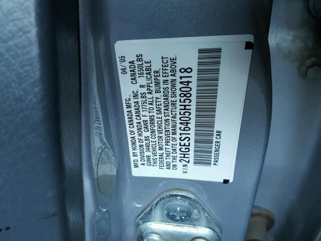 2HGES16405H580418 - 2005 HONDA CIVIC DX SILVER photo 10