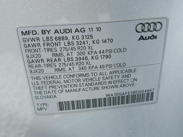 WA1DGAFE3BD004667 - 2011 AUDI Q7 PRESTIG SILVER photo 10