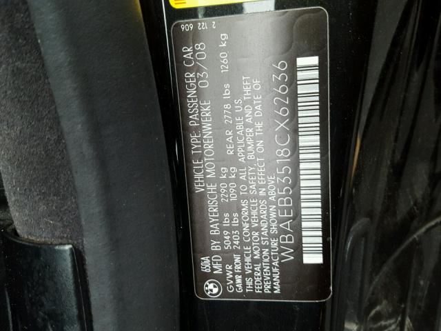 WBAEB53518CX62636 - 2008 BMW 650 I BLACK photo 10