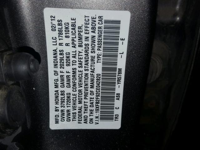 19XFB2F92CE042820 - 2012 HONDA CIVIC EXL GRAY photo 10