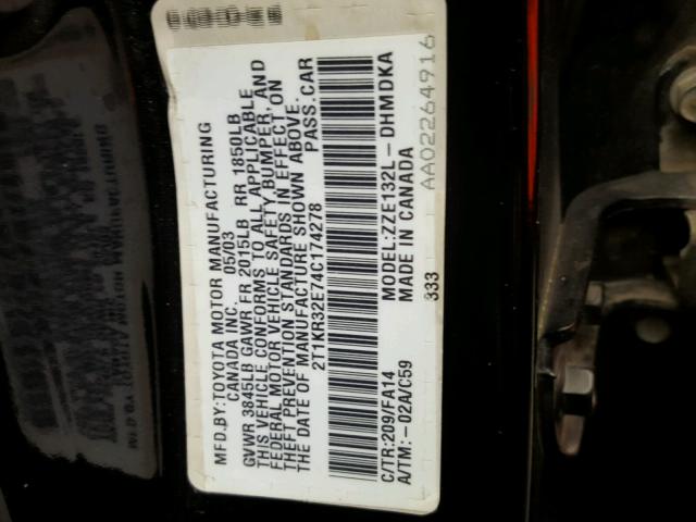 2T1KR32E74C174278 - 2004 TOYOTA COROLLA MA BLACK photo 10