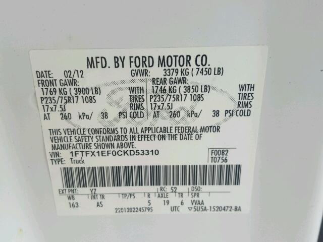 1FTFX1EF0CKD53310 - 2012 FORD F150 SUPER WHITE photo 10