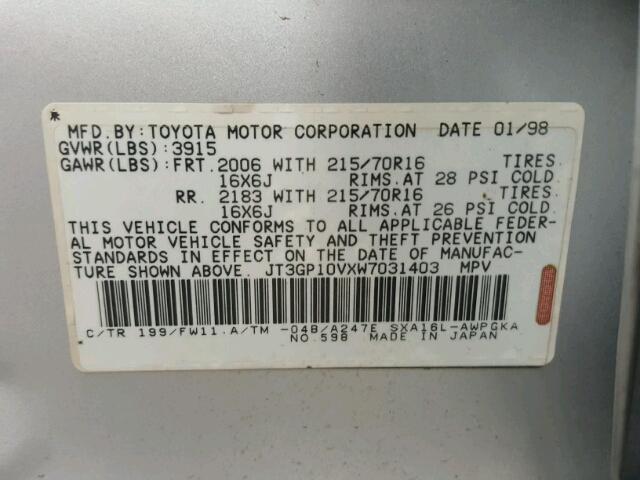 JT3GP10VXW7031403 - 1998 TOYOTA RAV4 SILVER photo 10