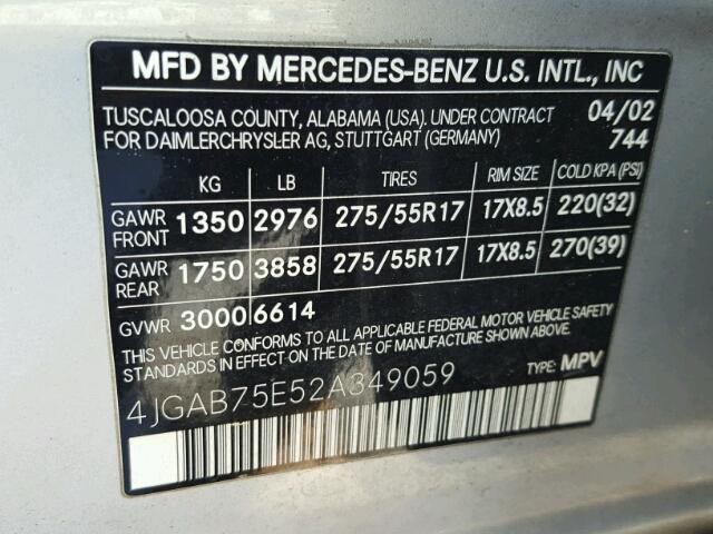 4JGAB75E52A349059 - 2002 MERCEDES-BENZ ML500 SILVER photo 10