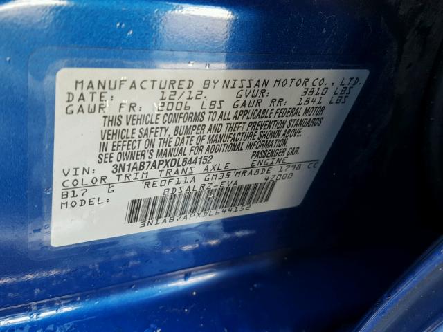 3N1AB7APXDL644152 - 2013 NISSAN SENTRA S BLUE photo 10