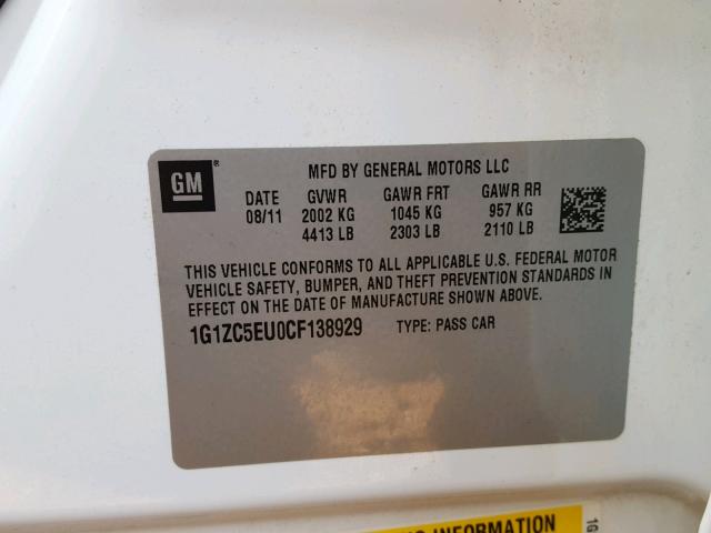 1G1ZC5EU0CF138929 - 2012 CHEVROLET MALIBU 1LT 白色 照片 10